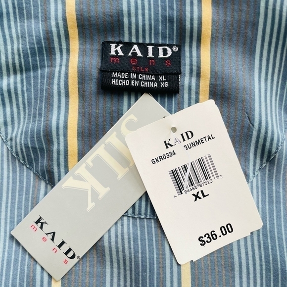 NWT KAID Button Front Men’s Shirt Silk Shirt Blue Yellow Stripes All Over Shirt - Picture 5 of 6
